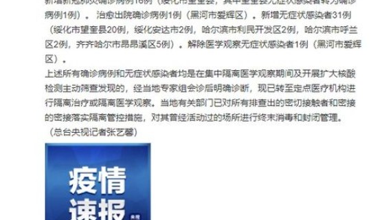 黑龙江新增确诊43例无症状31例 黑龙江今日新增确诊40例
