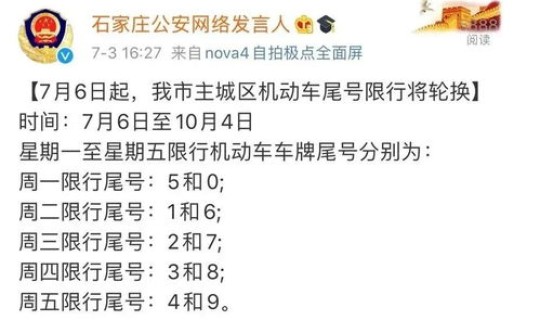限行尾号轮换是什么意思，石家庄今日限行尾号