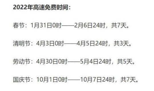 2022高速免费时间表 2022高速公路免费时间一览表