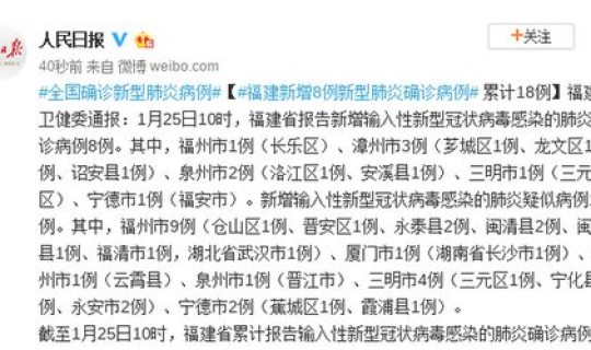 福建新增5例肺炎是哪里的，今日福建新增肺炎病例