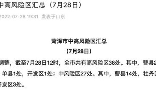 菏泽是高风险区吗今天？菏泽算不算中高风险地区